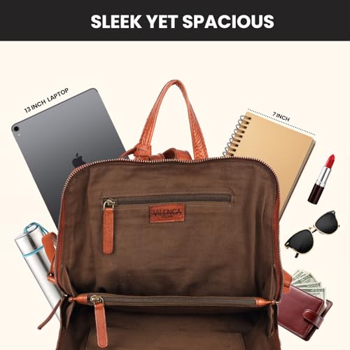 12.5 Inch Cognac Genuine Leather Backpack for Women & Men | Small Cognac Genuine Leather Travel Bookbag Purse with Adjustable Shoulder Strap, YKK Zippers, Mobile & Slip-in Pockets - color: Cognac