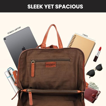 12.5 Inch Cognac Genuine Leather Backpack for Women & Men | Small Cognac Genuine Leather Travel Bookbag Purse with Adjustable Shoulder Strap, YKK Zippers, Mobile & Slip-in Pockets - color: Cognac