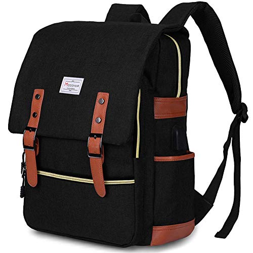 Modoker Vintage Canvas Backpack with USB Port, Fits 15.6 Inch Laptop | Eco-friendly canvas backpack with durable construction. Comfortable straps for travel, work, or daily use. - color: Classic Black