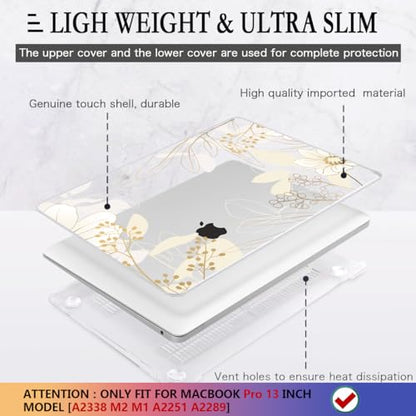 CISSOOK Compatible with MacBook Pro 13 Inch Case 2025-2020 Release M1 M2 | 4in1 Set Plastic Hard Shell Case & Keyboard Cover for MacBook Pro 13 with Touch Bar M1 M2, Golden Flowers - color: Pro13inch-Golden Flowers