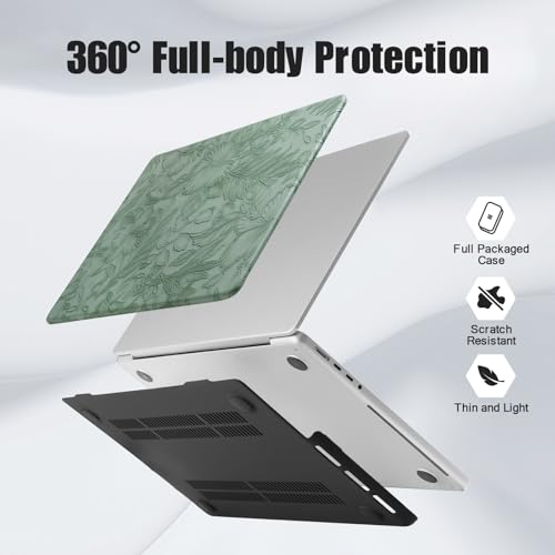 DTangLsm for MacBook Air 15 inch Case 2026 M5 2025 2024 2023 M4 M3 M2 Chip | Model A3448 A3241 A3114 A2941, Elegant Textured Retro Leather Hard Shell Mac Air 15 Laptop Case & Keyboard Cover, Sage Green - color: Embossed Floral Green