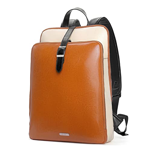 CLUCI Leather Backpack for Women, 15.6 inch Laptop Bag, Large Genuine Work Backpack Travel Back - color: 0-1 Brown With Off-white