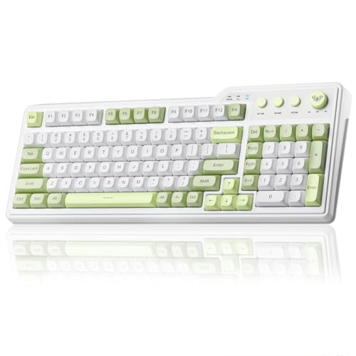 Aula F3099 Wireless Keyboard with Media Knob, Tri-Mode BT5.0/2.4GHz/USB-C Cute Creamy Keyboard with Number Pad, RGB Backlit Gaming Keyboard, Quiet Typing Green Computer Keyboards for Office Laptop/PC - color: White & Green
