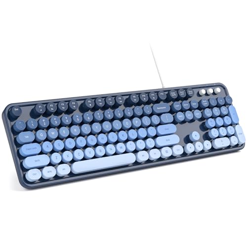 MOWUX Computer Keyboard Wired, Plug and Play USB Retro Round Typewriter Keyboard, Full Size Wired Keyboard with Foldable Stands for Laptop and Office PC- Sea Blue Gradient - color: Sea Blue Gradient