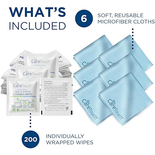 Care Touch Lens Cleaning Wipes with Microfiber Cloths - 200 Lens Wipes for Eyeglasses & 6 Microfiber Cloths - Glasses, Camera Lenses, Screens, Eye Glasses Cleaner for Cleaning Eyeglasses - size: 200 Count (Pack of 1)