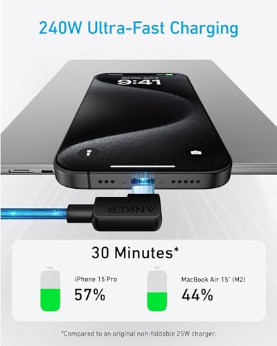 Anker USB C to USB C Right-Angle Cable, 240W (2-Pack, 6 ft, Black) | 90-Degree Braided USB C Charging Cord for iPhone 17 Series and More - size: 6ft