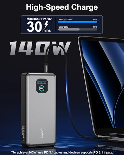 140W Power Bank, 25000mAh Laptop Portable Charger with Smart Digital Display, PD3.1 Fast Charging Battery Pack for MacBook Dell XPS iPad Tablet Steam Deck iPhone 16/15 Series Samsung Switch, Silver - color: Silver
