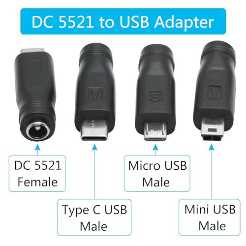 6Pcs DC 5.5mm x 2.1mm to USB Adapter, 5V DC 5521 Female to Type C & Micro & Mini USB Male Plug Convert Connector Power (Mixed) - style: DC to USB - 6Pcs(Mixed)