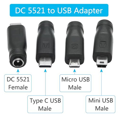 6Pcs DC 5.5mm x 2.1mm to USB Adapter, 5V DC 5521 Female to Type C & Micro & Mini USB Male Plug Convert Connector Power (Mixed) - style: DC to USB - 6Pcs(Mixed)