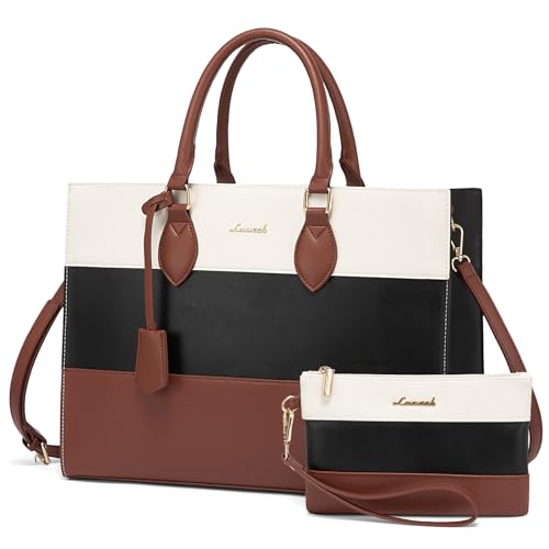 LOVEVOOK Laptop Bag for Women 15.6 Inch Waterproof Teacher Work Tote Bag Professional Office Business Computer Briefcase with Clutch Purse Large Capacity Shoulder Messenger Bag, Brown/Black/White - color: Beige-black-brown, size: 15.6 inch