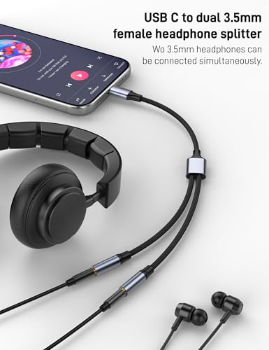 USB C to Dual 3.5mm Female Headphone Splitter, Type C to Dual 3.5mm Female Aux Y Jack Splitter Headphone Microphone Adapter for iPhone 17 16 15 Pro Max, Samsung Galaxy S25 S24, Pixel, Note