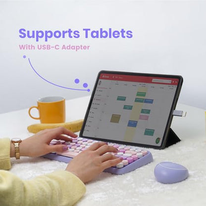 Perixx PERIDUO-713PP Wireless Mini Keyboard and Mouse Combo - Retro Round Key Caps - Pastel Purple - US English Layout (PD-713PPUS-11953) - color: Purple
