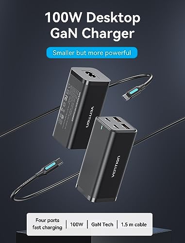 MacBook Pro Charger 100W, VENTION MacBook USB C Charger 4-Ports Foldable GaN+ Charger Power Adapter for MacBook Pro/Air, iPad Pro,iPhone 15/14 Pro, Galaxy S23/S24 Ultra, Steam Deck, Google Pixelbook - size: 100W
