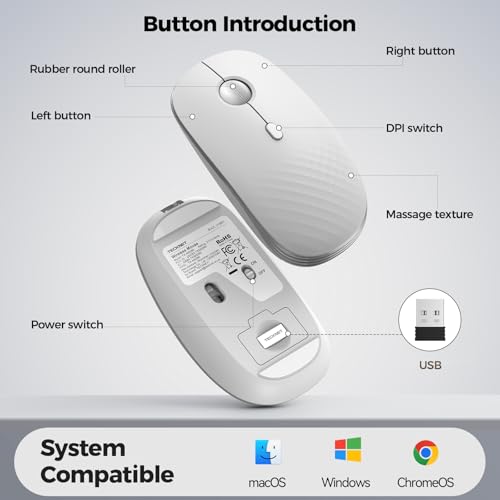TECKNET Rechargeable Slim Portable Silent Computer 2.4 GHz Wireless Mouse | Lightweight Ambidextrous with USB-A Receiver, 4000 DPI Optical Tracking 90-Day Battery Life, Compatible with PC, Mac, Laptop - color: Silver white