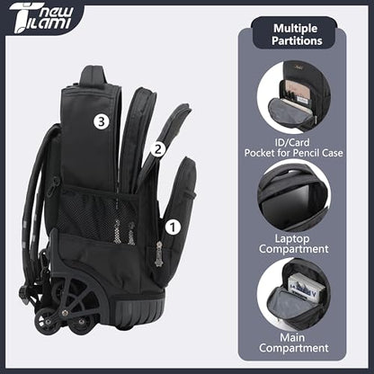 NEW TILAMI 18 Inch Rolling Backpack with Lunch Bag for Girls Boys School | 6-Wheel Stair-Climbing Girls Boys Carry-on Suitcase Water-Resistant Adjustable Trolley Handle Wheels School Travel Camping - color: Black