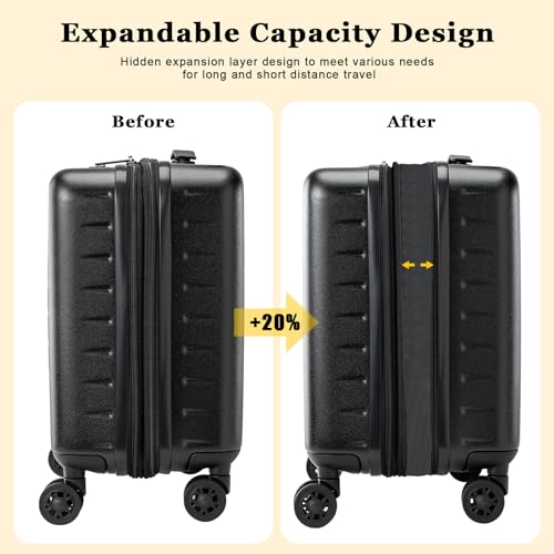 CENSIEN Expandable 16 Inch Carry On Luggage Airline Approved Small Suitcase | Lightweight ABS+PC Hard Shell Suitcases,360° Spinner Wheels,TSA Lock,YKK Zipper,Business Weekender Short Trips,Black - color: Black, size: 16 Inch EXT