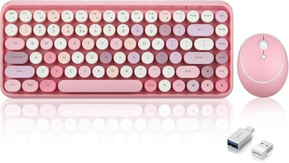 Perixx PERIDUO-713 Wireless Mini Keyboard and Mouse Combo, Retro Round Key Caps, Pastel Pink, US English Layout - color: Pink