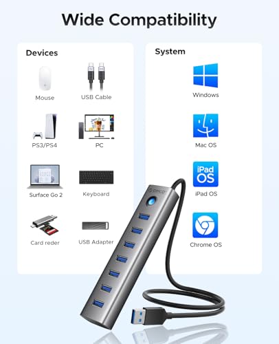 ORICO 7-Port USB 3.0 Hub, Aluminum USB Multiple Adapter, 5Gbps USB Extender USB Splitter with 1.64Ft Cable, UBS-A Hub Long Cable for Desktop, PC, Flash Drive, Mobile HDD, Windows/XPS - size: 1.64Ft