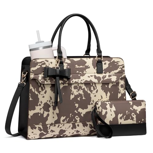 LOVEVOOK Laptop Tote Bag for Women,Leather Work Bag, Waterproof Business Teacher Bag,Large Computer Handbag Purse Briefcase,Office Gifts for Women - color: Brown Cow Print, size: 15.6 Inch