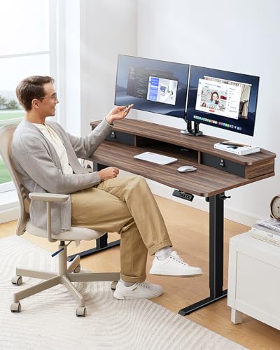 HUANUO 48″ x 24″ Electric Standing Desk with 2 Drawers, C-Clamp Mount Compatible, Height Adjustable Computer Desk, Home Office Stand Up Desk with 4 Preset Heights & 2 Hooks, Walnut - color: Walnut, size: 48" X 24"