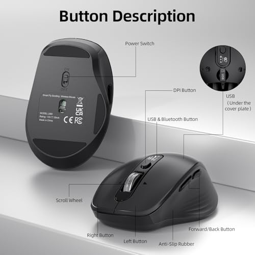 INFINMIND Wireless Bluetooth Mouse, Multi Device (BT1/BT2 + 2.4G USB) Mouse for Laptop, iPad & Mac, 4-Way Scroll with Side Buttons, Silent Click Ergonomic Offce Mouse, Adjustable DPI - color: Black