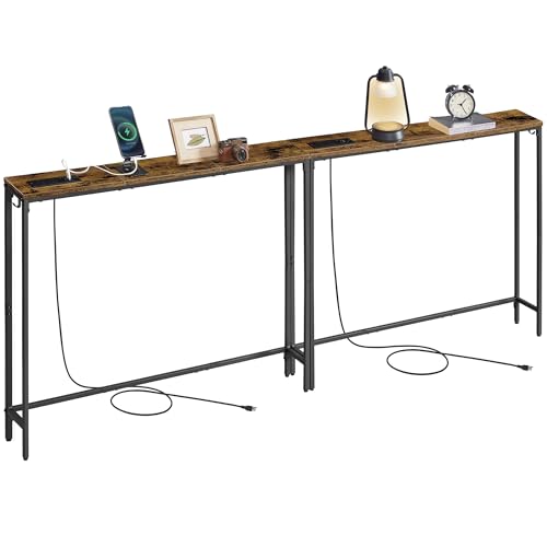 VASAGLE 39.4" Console Table Set of 2, Couch Tables with Outlets for Sofa | 78.8" Narrow Behind Couch Table with 2 Hooks, Easy Assembly, for Entryway, Living Room, Rustic Brown and Ink Black ULNT078K01 - color: Rustic Brown + Ink Black, size: 1 Tier (5.9"D