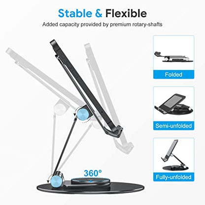 OMOTON Swivel Tablet Stand for iPad with 360 Rotating Base, Foldable Adjustable Holder for Drawing, Compatible with iPad Pro/Air/Mini and More, Black Gray | Aluminum Foldable Mount with Rotating Base, Desk Kitchen Drawing Travel, Fits iPad Pro/Air Samsung