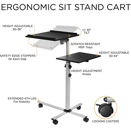 Mount-It! Projector Stand Mobile Projector Cart with Laptop Shelf on Wheels, Heavy Duty Two Shelves Height Adjustable Laptop and Projector Presentation Trolley in Black