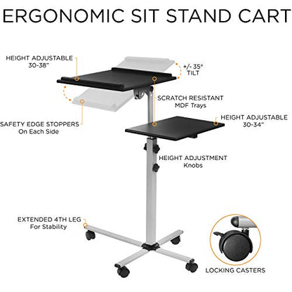 Mount-It! Projector Stand Mobile Projector Cart with Laptop Shelf on Wheels, Heavy Duty Two Shelves Height Adjustable Laptop and Projector Presentation Trolley in Black