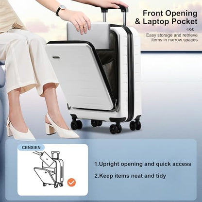CENSIEN 20 Inch Carry On Luggage 22×14×9 Airline Approved with Front Pocket | Front Opening with Laptop Pocket,Lightweight ABS+PC Hard Shell Suitcases,360° Spinner Wheels,TSA Lock,YKK Zipper,White - color: White, size: 20 Inch