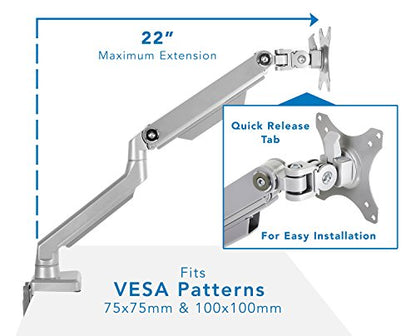 Mount-It! Single Monitor Arm Desk Mount, Mechanical Spring Height Adjustable Monitor Stand for 13–32 Inch Screens up to 17.6 lbs, VESA 75x75 & 100x100, C-Clamp & Grommet