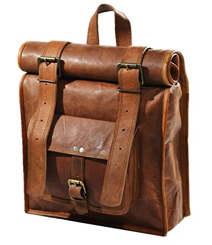 URBAN DEZIRE Men's Leather Vintage Roll On Laptop Backpack Rucksack knapsack college bag - size: 11"(L), 16"(Rolled) -(H)- 21"(Open), 4(W)