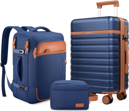 UKEIN Luggage Sets 3 Piece, PC Hardside Large Luggage 24 Inch With Spinner Wheels with TSA Lock, Carry On Suitcase Set With Travel Backpack for Men (Blue, 3 piece set (24inch)) - color: Blue, size: 3 piece set (24inch)