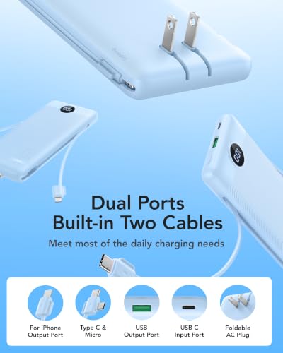 VRURC 10000mAh Portable Charger with Built-in Cables and AC Plug, Blue | 22.5W fast charge, LED display, Micro, USB-C and Phone cables, 4 outputs, 8 oz, airline approved - color: Blue