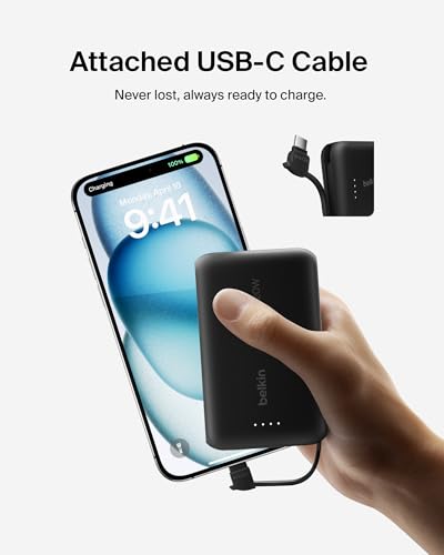 Belkin 10000mAh 20W USB C Power Bank, Portable Charger for iPhone & iPad | Fast Charging, Integrated USB C Cable, Eatra USB C Port, iPhone 17, iPad, Samsung Galaxy S26, Charge 2 Devices - color: Black, style: 10K mAh