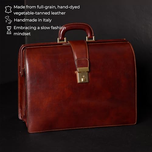Time Resistance Leather Lawyer Briefcase - Italian Handmade Laptop Briefcase for Men and Women - Attache Case - Doctor Bag - color: Brown