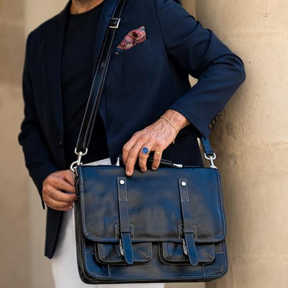 Time Resistance Leather Briefcase – Italian Handmade Leather Laptop Bag – Briefcase Convertible into Backpack - color: Black