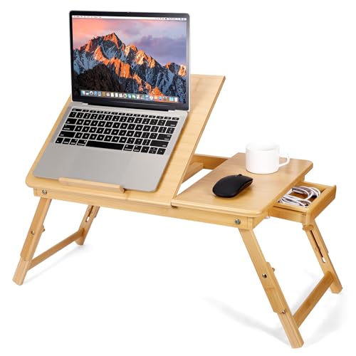 Bamboo Laptop Desk for Bed, Adjustable Height and Angle, Foldable Lap Desk with Cup Holder and Drawer, Portable Bed Table Tray for Writing Reading Drawing or Breakfast - color: Bamboo