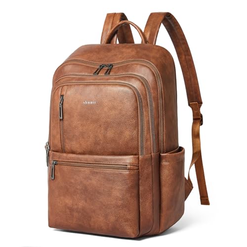 17 inch Leather Laptop Backpack for Women, Large Travel Backpack with 6 Compartments, Vegan Leather Computer backpack purse for Work Casual Daypack College - color: Brown