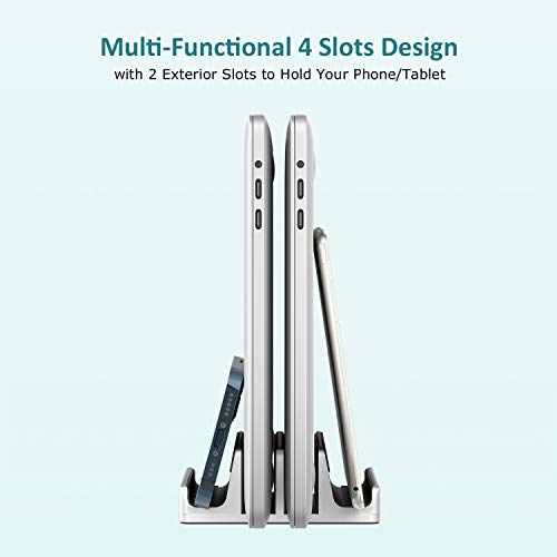 Vertical Laptop Stand - SPACEMax Adjustable GRIPLock Anti-Tip Silicone 4 Slots Aluminum Desktop Holder - Double Dock Stand - 2 Phone Slots Fits Up to 17.3” Laptops, Tablets, Phones - Silver - color: Silver