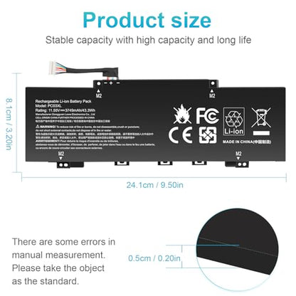 PC03XL Battery for HP Pavilion X360 14 15 14-DY 14-DH 14M-DY 14-BA 14-CD 14-EK 14-DW 15-ER Pavilion Aero 13-be Pavilion x360 Convertible 14-DY, HSTNN-OB1W M24421-271 M24421-AC1 PC03043XL M24648-005 - size: 9.5*3.2*0.2inch PC03XL