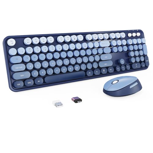 Nowlike Wireless Keyboard and Mouse Combo, Retro Typewriter Keyboard with Round Keycaps, Full-Size Ergonomic, Blue, Ideal for Windows PC, Home, Office, and College, Wireless Keyboard Mouse Combo - color: Twilight Blue