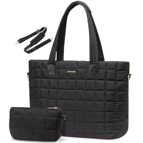 LOVEVOOK Laptop Tote Bag for Women, 15.6 Inch Large Puffer Work Tote Computer Bags, Quilted Women's Shoulder Purse Bag with Zipper, Teacher Office Handbag for Travel College Business, Gifts, Black - color: Black, size: 15.6 Inch