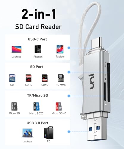 SD Card Reader, uni High-Speed USB C to Micro SD Card Adapter - Silver | USB 3.0 Dual Slots, Memory Card Reader for SD/Micro SD/SDHC/SDXC/MMC, for MacBook Pro/Air, Chromebook, Android Galaxy - color: Silver