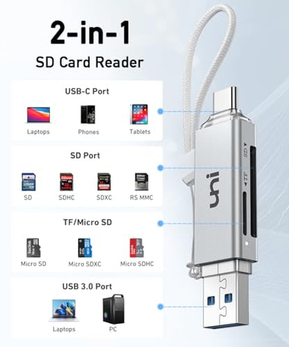 SD Card Reader, uni High-Speed USB C to Micro SD Card Adapter - Silver | USB 3.0 Dual Slots, Memory Card Reader for SD/Micro SD/SDHC/SDXC/MMC, for MacBook Pro/Air, Chromebook, Android Galaxy - color: Silver