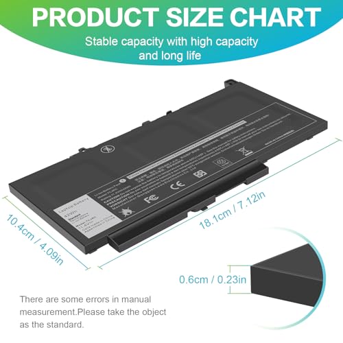 Futurebatt 7CJRC Laptop Battery for Dell Latitude 7470 7270 E7470 E7270 Battery 7CJRC KNM09 0KNM09 21X15 021X15 TX283 0TX283 - size: 7CJRC 9.88 4.72 1.30in