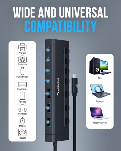 SABRENT 7-Port USB-C Hub with Power Switches, 5Gbps USB 3.2, 48W Powered Hub with 3 USB-A + 4 USB-C Ports, 20W PD, LED Status, Aluminum Body – for Mac, PC, Steam Deck, ROG Ally (HB-3A4C) - size: 7-Port - 3 USB-A + 4 USB-C