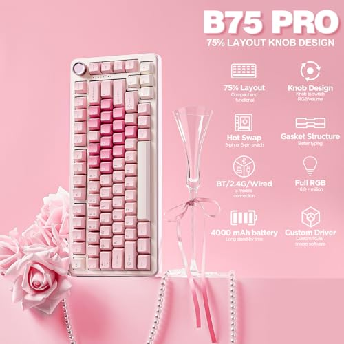 YUNZII B75 PRO Wireless Mechanical Gaming Keyboard | Custom 75% Layout with Knob,Gasket Mount,Hot Swap,Creamy Pre-lubed Switch,BT/USB-C/2.4G(Cocoa Cream V2 Switch,Pink) - color: Pink, size: Cocoa Cream V2 Switch