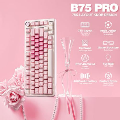 YUNZII B75 PRO Wireless Mechanical Gaming Keyboard | Custom 75% Layout with Knob,Gasket Mount,Hot Swap,Creamy Pre-lubed Switch,BT/USB-C/2.4G(Cocoa Cream V2 Switch,Pink) - color: Pink, size: Cocoa Cream V2 Switch