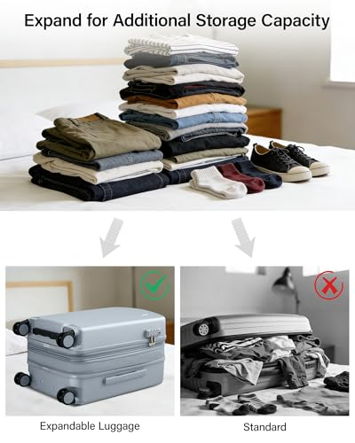 Hanke 20 Inch Expandable Carry On Luggage, Hard Shell with Side Hook | PC Hard Shell, Overhead Bin, Expandable Up to 15%, 8 Spinner Wheels, TSA Lock, Lightweight, Weekend Getaway - color: Grey, size: 20 Inch EXT